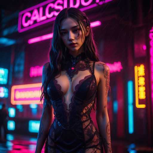 A stylish woman with long, dark hair and tattoos stands in a vibrant, neon-lit urban setting. She's wearing a black lace bodysuit and choker, with glowing pink and blue neon signs in the background creating a cyberpunk atmosphere. The focus is on her confident pose, with a dramatic, slightly blurred depth of field emphasizing the neon glow.