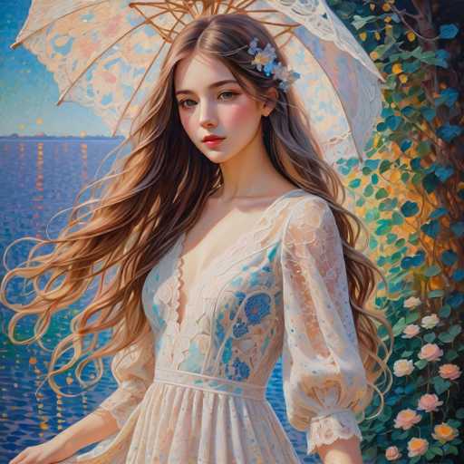 A young woman with flowing, golden hair and a delicate lace dress stands gracefully under a pastel-patterned parasol. She gazes softly towards the viewer, her long hair cascading around her. The scene is set by a serene body of water with a sunset in the background, all rendered in a soft, painterly digital art style.