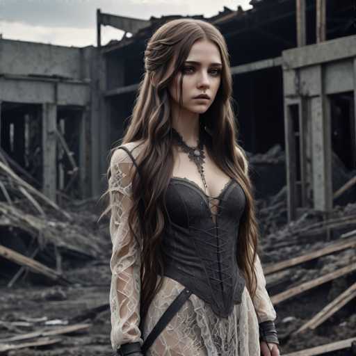 A lone, strikingly beautiful woman with long, flowing brown hair and dark eyes stands amidst the ruins of a dilapidated building. She wears a dark, lace-detailed bodice and a sheer, lacy skirt, with a gothic aesthetic. The spatial relationship places her centrally against the chaotic backdrop of rubble and broken structures, emphasizing a sense of isolation and resilience. The art style is dark fantasy, with a focus on dramatic lighting and texture.