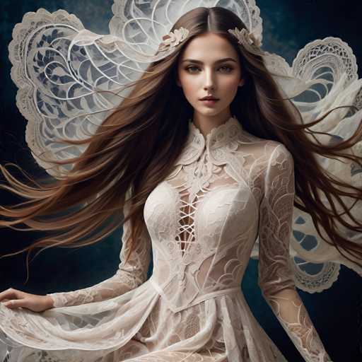 A stunning digital painting depicts a woman with flowing, long brown hair and intricate lace details in an ethereal, fantasy style. She wears a delicate, sheer white dress with lace sleeves and a large, ornate lace headdress that seems to billow in the wind. The dark background emphasizes her delicate features and creates a dreamlike atmosphere.