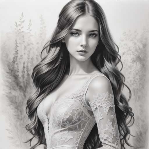 A stunning, digitally-rendered portrait of a young woman with long, flowing, wavy hair dominates the image. She wears an intricate lace dress and gazes directly at the viewer with a serene expression. The soft, monochromatic palette evokes a romantic, ethereal feel, reminiscent of a digital painting with a focus on delicate detail and lighting.