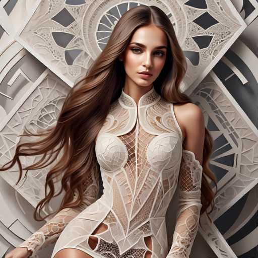 A stunning woman with long, flowing brown hair is centrally positioned against an intricately patterned white backdrop. She wears a delicate, sheer lace dress with geometric cutouts. The art style is digital and highly detailed, emphasizing a blend of modern fashion and ornate design with a focus on texture and light.