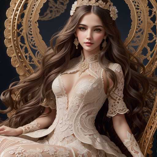 A stunning, ethereal woman with long, flowing brown hair and a delicate lace gown sits regally in an ornate golden throne. She wears a floral crown and elegant earrings, her gaze direct. The art style is highly detailed and fantastical, with a focus on intricate textures and soft lighting, creating a dreamlike atmosphere.