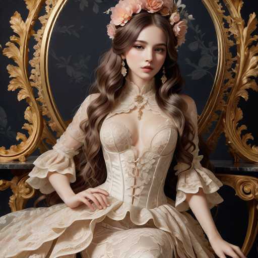 A beautiful woman in an ornate, vintage-style gown and floral headpiece sits gracefully, gazing directly at the viewer. She's positioned in front of a large, gilded mirror on a dark surface, with a dark backdrop. The art style is highly detailed and romantic, reminiscent of a Renaissance portrait.