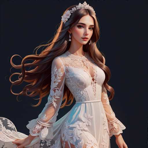 A stunning digital painting depicts a beautiful woman in an elaborate white lace wedding gown, her long brown hair flowing dramatically. She wears a delicate floral tiara and elegant earrings. The dark background emphasizes her ethereal presence, showcasing a highly detailed, romantic art style with soft lighting and intricate textures.