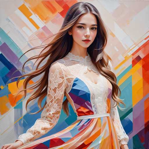 A young woman with long, flowing brown hair and a vibrant, colorful dress is the central focus. She's positioned in the center of the frame, looking directly at the viewer with a soft expression. The background features abstract, painterly brushstrokes in warm hues of orange, red, and blue, creating a dynamic, modern art style.