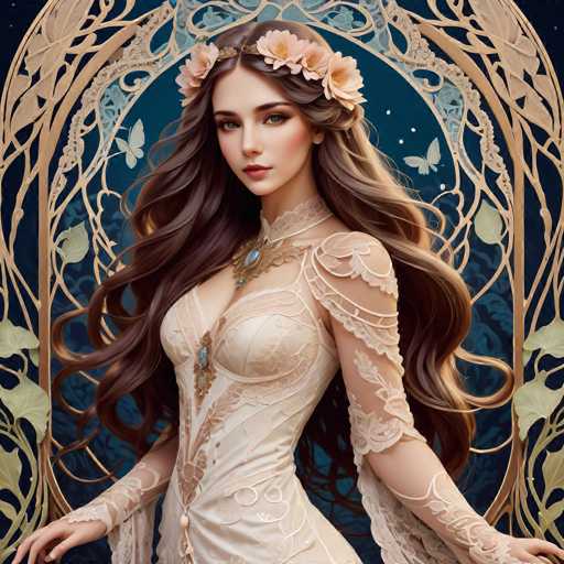 A beautiful woman with flowing, long brown hair and a floral crown is centrally positioned within an ornate, golden archway. She wears an elegant, cream-colored gown with intricate lace details and a jeweled necklace. The background is a deep blue, and delicate butterflies float around her, creating a fantastical, ethereal atmosphere. The art style is highly detailed and painterly, reminiscent of fantasy illustrations.
