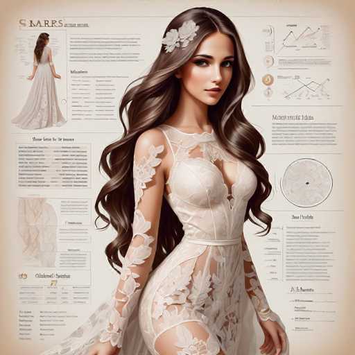 The image showcases a detailed, digitally illustrated bridal gown design by Smarrs. A full-body model wears the intricate, lace-embellished dress, with accompanying technical drawings and design details providing a comprehensive view of the garment's construction. The art style is highly detailed, emphasizing intricate textures and a realistic rendering of the garment's form.