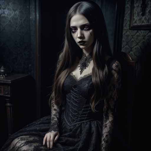 A darkly gothic portrait features a young woman in a black lace dress, seated in an ornate chair. Her pale face and dark eyes are accentuated by dramatic makeup, creating a haunting aesthetic. The dimly lit room with patterned wallpaper and a vintage desk contributes to the overall eerie atmosphere, emphasizing a dark fantasy art style.