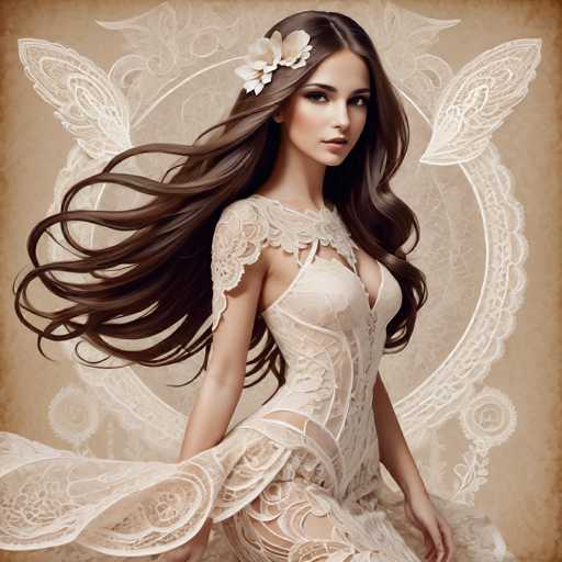 A stunning, digitally-rendered portrait of a woman with long, flowing brown hair and an ornate lace gown dominates the image. She's positioned centrally, gazing directly at the viewer. Delicate, ethereal lace details frame her and extend into a circular design behind her, creating a soft, vintage-inspired aesthetic. The overall style is highly detailed and romantic.