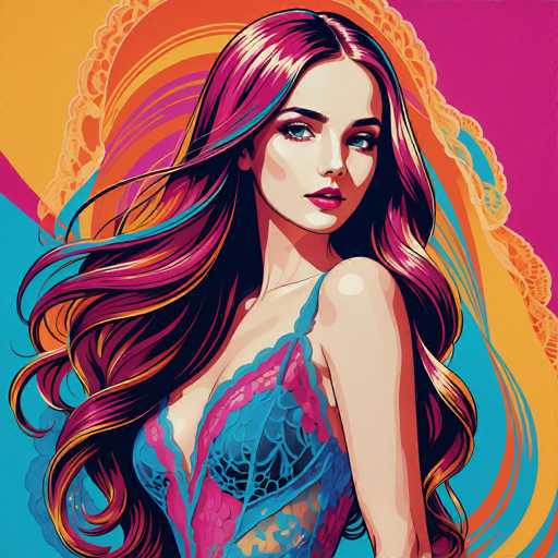 A stylish woman with vibrant, flowing hair dominates the image in a digital art style. She's wearing a colorful lace top and gazes directly at the viewer, her pose dynamic with hair cascading around her. The background features bold, abstract shapes in contrasting colors, creating a modern and eye-catching composition.