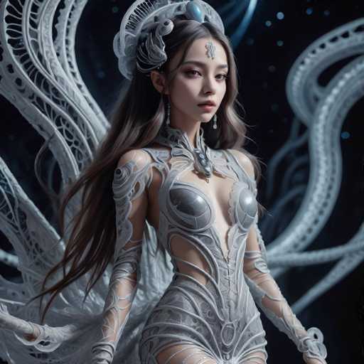 A stunning, ethereal woman in a futuristic, silver gown with intricate, flowing details is the central focus. She's surrounded by swirling, organic-looking white structures, creating a dreamlike, otherworldly atmosphere. The art style is digital fantasy, emphasizing intricate textures and soft lighting against a dark backdrop.