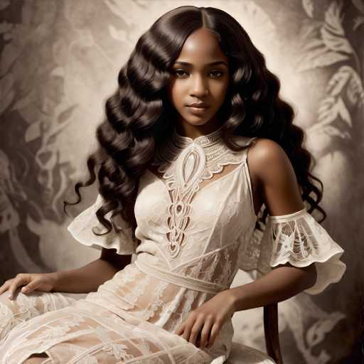 A stunning portrait features a Black woman in an elegant, sheer lace dress with voluminous, dark curly hair. She sits gracefully, looking directly at the viewer in a soft, vintage-inspired style with a muted, textured backdrop. The focus is on her poised beauty and the intricate details of her attire.