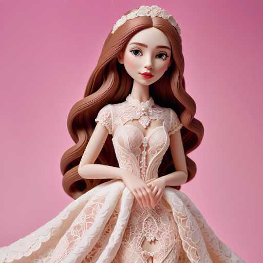 A beautifully rendered, stylized doll in a delicate, intricately detailed wedding gown dominates the frame. The subject is centrally positioned against a soft pink backdrop, showcasing flowing auburn hair and expressive eyes. The art style is digital illustration, emphasizing soft lighting and a focus on texture within the fabric of the dress.