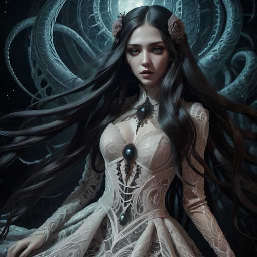 A captivating digital painting depicts a woman with long, flowing black hair and intricate lace dress, adorned with dark jewelry. She gazes intently, surrounded by swirling, ethereal blue tendrils and a glowing orb. The art style is fantastical and dreamlike, emphasizing intricate details and dramatic lighting.