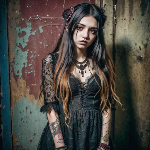 A darkly gothic young woman with long, black hair and intricate tattoos poses against a weathered, rusty backdrop. She wears a black lace dress with a dark choker and ornate necklace, her gaze intense. The overall style is alternative, emphasizing a vintage, slightly grunge aesthetic with dramatic lighting and a focus on texture.