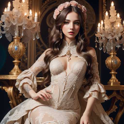A woman in an ornate, lace-detailed gown and floral headpiece sits elegantly on a gilded throne. She gazes directly at the viewer, her long, flowing hair cascading around her shoulders. The opulent setting features crystal chandeliers and a dark backdrop, creating a luxurious, vintage-inspired portrait with a focus on intricate detail.