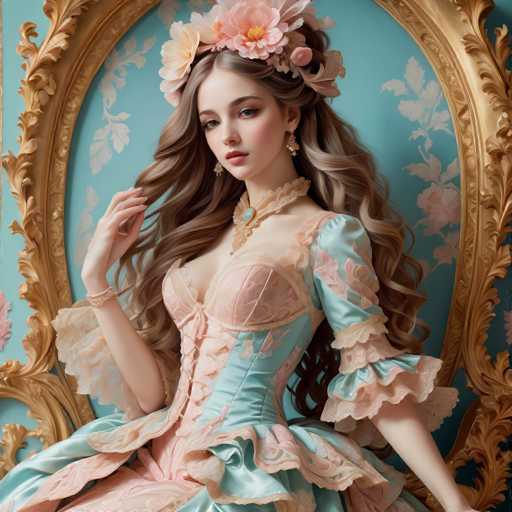 A woman in a pastel, ornate gown sits within an elaborate gold frame against a teal backdrop adorned with floral patterns. Her long, flowing hair is styled with a floral headpiece, and she wears delicate jewelry. The art style is highly detailed and romantic, reminiscent of a Renaissance portrait with a modern, digital touch.