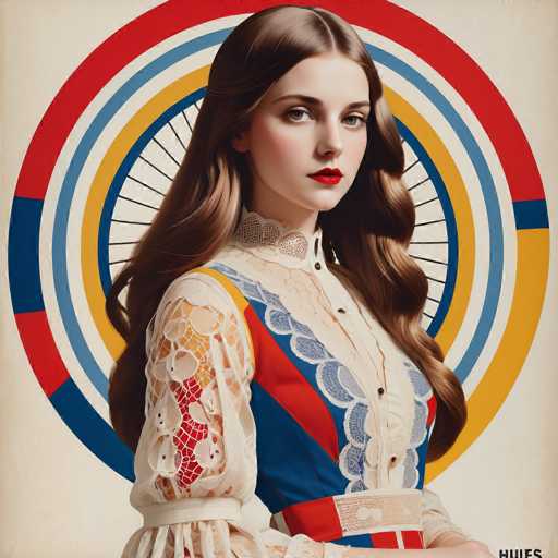 A woman with long, flowing brown hair and a red lip is centrally positioned against a vintage-style circular backdrop. She wears an ornate, patterned dress with a high collar and intricate details. The art style is reminiscent of vintage portraiture, possibly influenced by Art Nouveau or a retro aesthetic, with a focus on soft lighting and detailed textures.