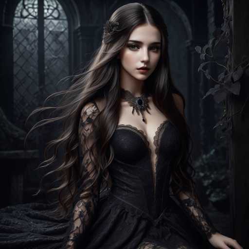 A captivating portrait of a woman in a dark, gothic-inspired gown dominates the frame. Her long, flowing hair cascades around her, contrasting with the intricate lace of her dress and a dark, ornate necklace. The spatial relationship places her centrally, with a dimly lit, gothic-style background suggesting an old, perhaps mystical setting. The art style is highly detailed and evocative, leaning towards fantasy illustration with a focus on dramatic lighting.