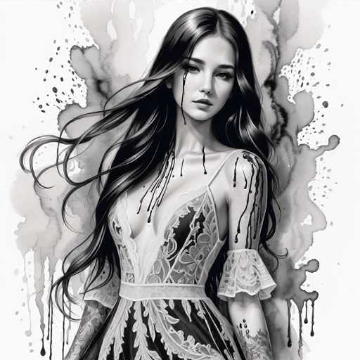 A stunning, digitally-rendered portrait of a woman with long, flowing black hair dominates the image. She wears an ornate, black and white dress with intricate lace details. The art style is a blend of digital painting and ink wash, creating a dramatic, slightly ethereal effect with splashes of ink adding dynamic movement. The focus is on the woman's elegant pose and captivating gaze.