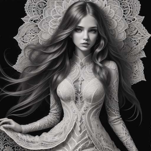 A stunning, digitally-rendered portrait of a woman with long, flowing hair and an intricate lace dress dominates the frame. She's positioned centrally against a stark black background, with a large, ornate lace fan-like structure behind her head. The art style is highly detailed and ethereal, emphasizing soft lighting and a dreamlike quality.