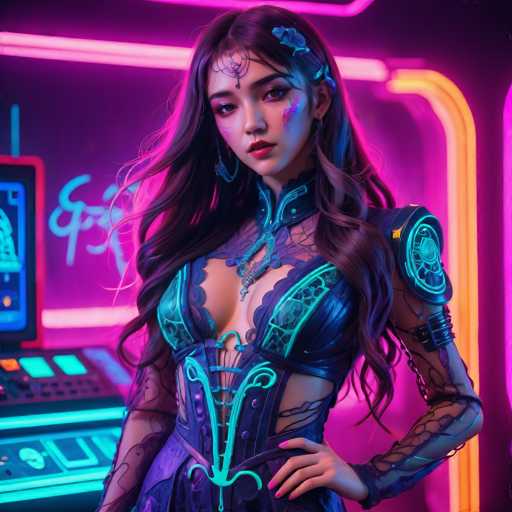 A stylish, anime-inspired woman with long, flowing dark hair and vibrant neon makeup commands attention in a futuristic setting. She's dressed in an ornate, dark blue and teal outfit with glowing accents, standing confidently with one hand on her hip. The background features a neon-lit console and vibrant purple lighting, creating a cyberpunk aesthetic.