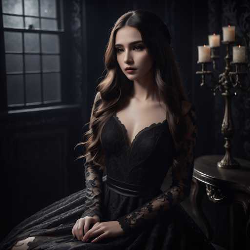 A young woman in a dark, ornate black lace gown sits gracefully, her long, wavy hair cascading around her. She gazes pensively into the distance, hands clasped in her lap. The dimly lit room features a vintage-style table with candles and a window, creating a moody, gothic atmosphere. The art style is highly detailed and evocative, emphasizing dramatic lighting and texture.