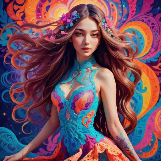 A stunning digital painting features a woman with flowing, voluminous brown hair adorned with vibrant floral accents. She wears an intricately patterned teal and orange dress, set against a swirling, psychedelic backdrop of warm oranges, blues, and pinks. The art style is highly detailed and fantastical, emphasizing a dreamlike, ethereal quality with soft lighting and vibrant color gradients.