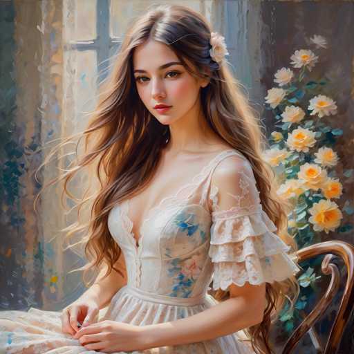 A young woman with long, flowing brown hair and a delicate floral dress sits gracefully in a chair. She gazes intently towards the viewer, her expression serene. The art style is painterly and soft, with a focus on warm, muted tones and gentle lighting. A window in the background casts a soft glow, highlighting the floral arrangement beside her.