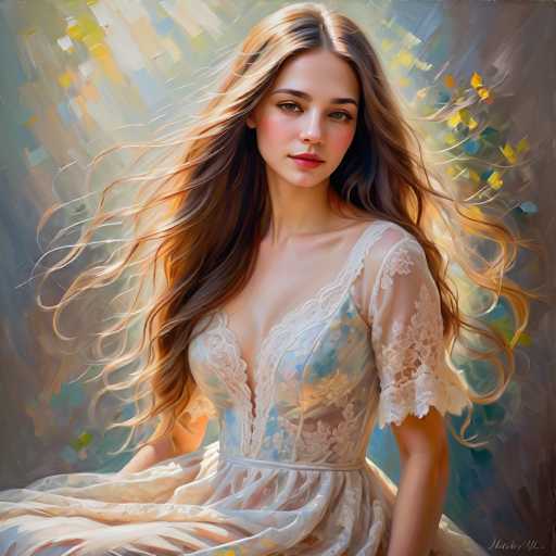 A woman with flowing, golden-brown hair and a delicate lace dress is the central focus. She gazes directly at the viewer, bathed in warm sunlight that creates a soft, ethereal glow. The art style is painterly and dreamlike, with loose brushstrokes and a focus on light and texture.