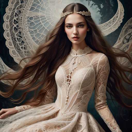 A woman with flowing, long brown hair and delicate lace details in a cream-colored gown is the central focus. She wears a decorative headpiece and ethereal, translucent wings. The art style is highly detailed and fantastical, with a soft, dreamlike quality set against a dark, textured background.