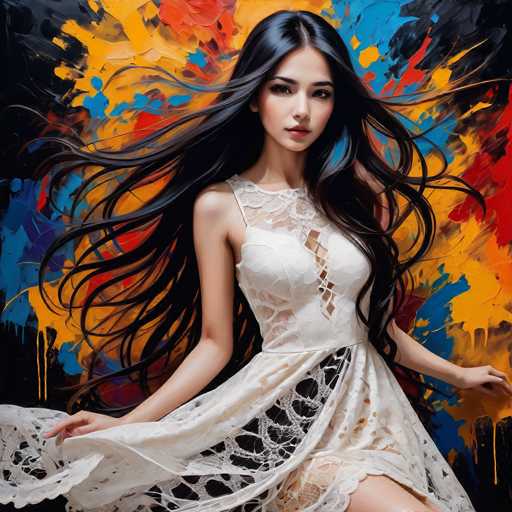 A stunning woman with long, flowing black hair and a white lace dress is centrally positioned against a vibrant, abstract background of bold brushstrokes in orange, blue, and red. The focus is on her elegant pose and the dynamic movement of her hair, creating a modern, artistic portrait.