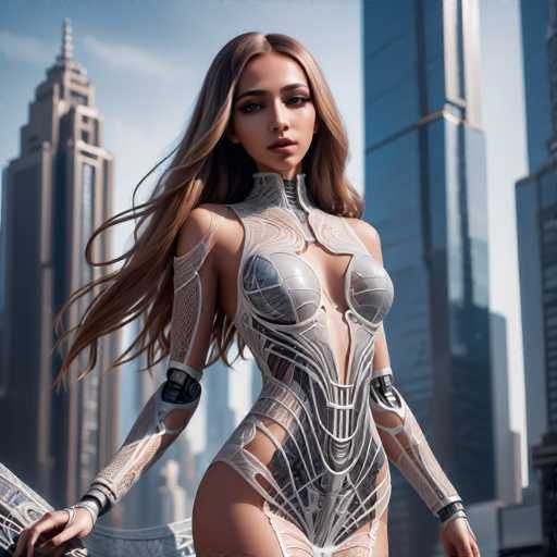 A futuristic woman in a sleek, silver bodysuit with intricate detailing stands confidently against a backdrop of towering skyscrapers. Her long, flowing hair catches the light as she gazes forward. The art style is highly detailed and digital, emphasizing a blend of technology and fashion in a modern cityscape.