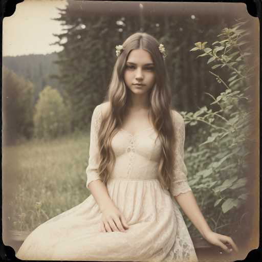 A young woman in a delicate, vintage-style lace dress sits gracefully on a wooden surface amidst a softly blurred natural backdrop of greenery and trees. Her long, wavy blonde hair is adorned with small flowers, creating a dreamy, ethereal aesthetic reminiscent of a vintage portrait. The overall style is soft and romantic, with a slightly faded, antique feel.