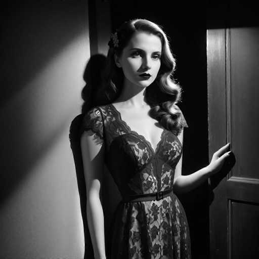 A stylish, black and white portrait features a woman in an elegant lace dress, bathed in dramatic light and shadow. She stands against a textured wall, her pose suggesting a poised elegance. The lighting creates a strong contrast, emphasizing the woman's form and the intricate details of her dress. The overall style is classic and evocative, reminiscent of vintage fashion photography.