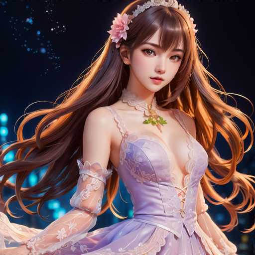 A beautiful anime-style girl with long, flowing brown hair and a delicate purple dress is the central focus. She wears a floral tiara and a lace necklace, gazing directly at the viewer with soft eyes. The background features blurred city lights, creating a dreamy, ethereal atmosphere.