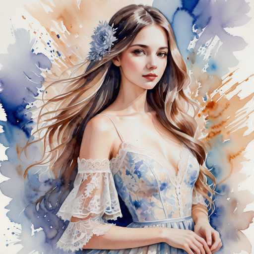 A beautiful woman with long, flowing blonde hair and a delicate blue dress is the central focus of this digital watercolor portrait. She's positioned in the center, her gaze directed slightly to the left. The art style features soft, blended watercolor strokes with splashes of color creating a dreamy, ethereal atmosphere.