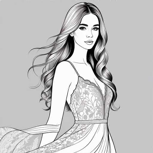 The image features a stylish, slender woman in a detailed, flowing dress with long, wavy hair. She's positioned centrally against a plain gray background, her gaze directed towards the viewer with a subtle smile. The art style is a sophisticated black and white line drawing, emphasizing elegant form and delicate details.