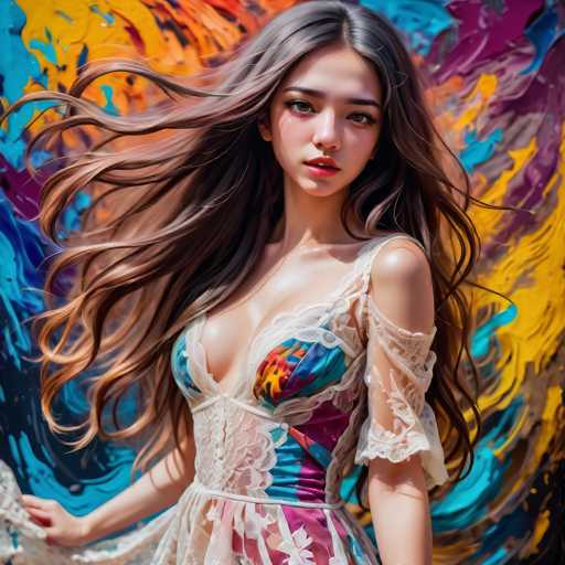 A stunning young woman with long, flowing brown hair and a vibrant, colorful dress is the central focus. She's positioned against a dynamic, abstract background of swirling paint strokes in bold hues of blue, yellow, and purple. The art style is a blend of digital painting and vibrant, expressive brushstrokes, emphasizing texture and movement.