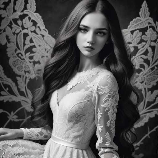 A woman in an ornate, lace-detailed white dress sits centrally against a dark, patterned backdrop. Her long, flowing hair cascades around her, and she gazes directly at the viewer with a serene expression. The image is rendered in a soft, monochromatic style, emphasizing texture and elegant detail.