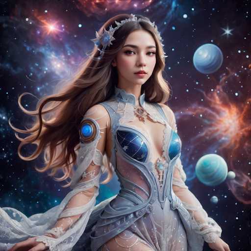 A stunning, ethereal woman with long, flowing brown hair and a celestial gown stands amidst a vibrant, swirling cosmic backdrop. She's adorned with intricate blue and silver details, her gaze directed towards the viewer. Soft, glowing planets float in the background, creating a dreamy, fantastical atmosphere with a blend of fantasy and digital art style.