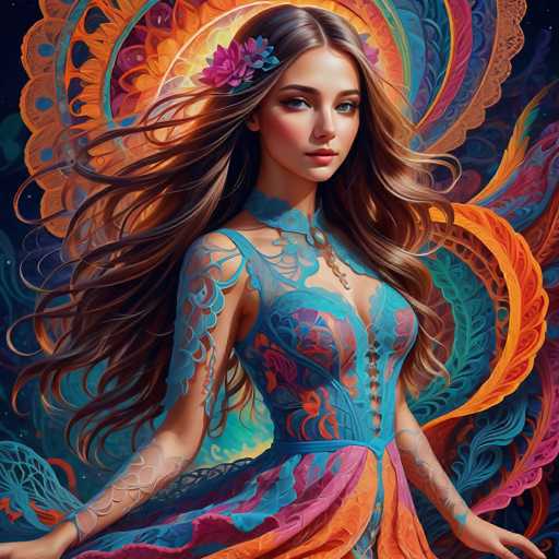 A woman with flowing, long brown hair and a vibrant, ornate dress is centrally positioned against a swirling, psychedelic backdrop of warm colors. The art style blends fantasy and digital painting, emphasizing intricate patterns and a dreamlike, ethereal quality.