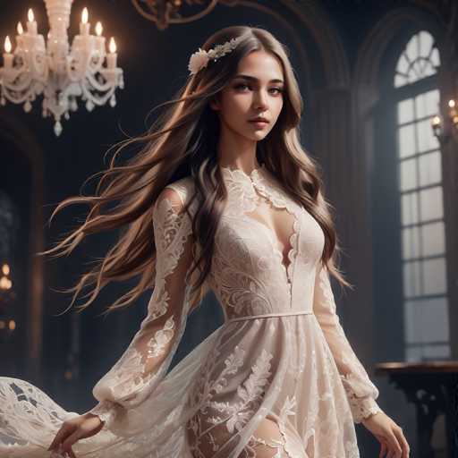 A woman in a flowing, lace gown with long sleeves and a floral headband stands gracefully in a dimly lit, ornate room. Her long, wavy hair is dramatically swept by the wind, creating a sense of ethereal movement. The art style blends realistic portraiture with a slightly dreamy, painterly quality, emphasizing soft lighting and delicate textures.