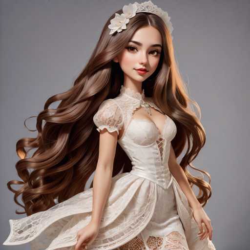A stunning, photorealistic digital artwork features a young woman with long, flowing brown hair and a delicate white lace dress. She wears a floral headpiece and has a soft, ethereal glow. The focus is on her elegant pose and detailed clothing, set against a plain gray background.