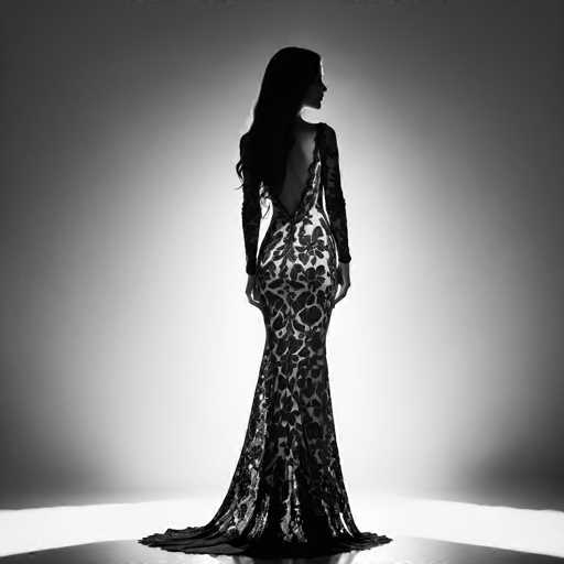 A striking black and white silhouette of a woman in a long, ornate gown dominates the image. She stands facing away, her long hair cascading down, on a softly lit stage. The dramatic lighting emphasizes the gown's intricate pattern and flowing train, creating a glamorous, high-fashion portrait.