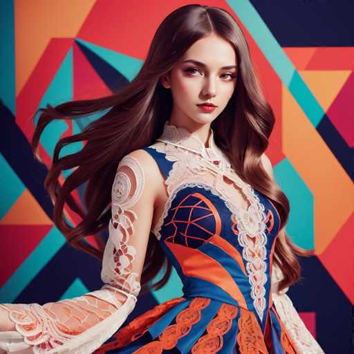 A stunning woman with long, flowing brown hair and a vibrant, ornate dress commands attention. She's positioned centrally against a bold, geometric backdrop of contrasting colors. The art style is digital painting, emphasizing intricate details and a modern, stylized aesthetic with a focus on the subject's elegant pose.