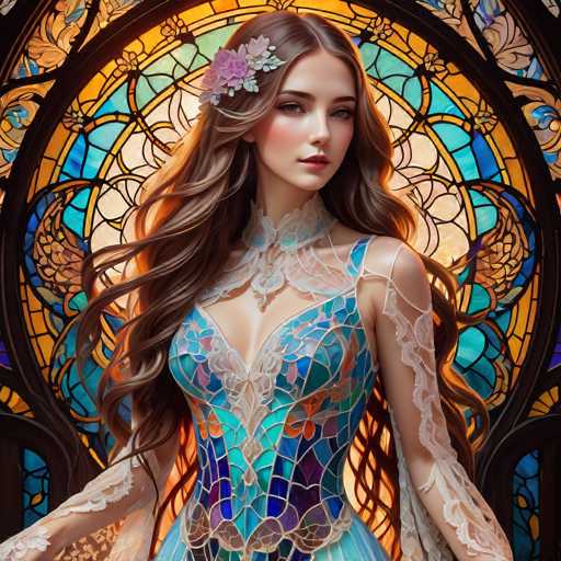 A stunning woman with flowing, auburn hair and a detailed, ornate dress stands centrally against a vibrant stained-glass window. The spatial relationship places her as the focal point, framed by the colorful, intricate glasswork. The art style is highly detailed and fantastical, reminiscent of a digital painting with a focus on intricate textures and soft lighting.