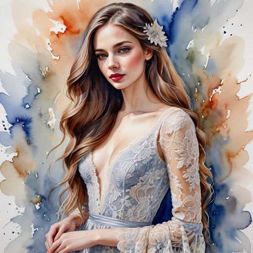 A stunning digital painting features a woman with long, flowing brown hair and delicate facial features. She wears an elegant, light blue lace gown with sheer sleeves, her gaze directed slightly to the left. The artwork employs a soft, watercolor-style aesthetic with blended colors and a dreamy, ethereal feel.