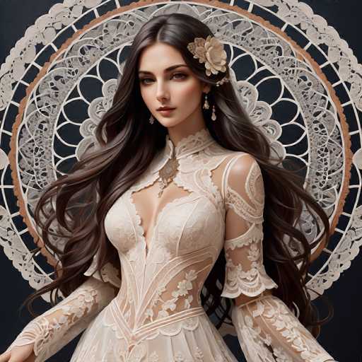 A stunning digital portrait features a woman in an elaborate, intricately detailed white lace gown. Her long, flowing brown hair cascades around her, adorned with a floral hairpiece and ornate earrings. She gazes directly at the viewer, framed by a circular lace design with a golden border. The art style is highly detailed and romantic, emphasizing delicate textures and soft lighting.